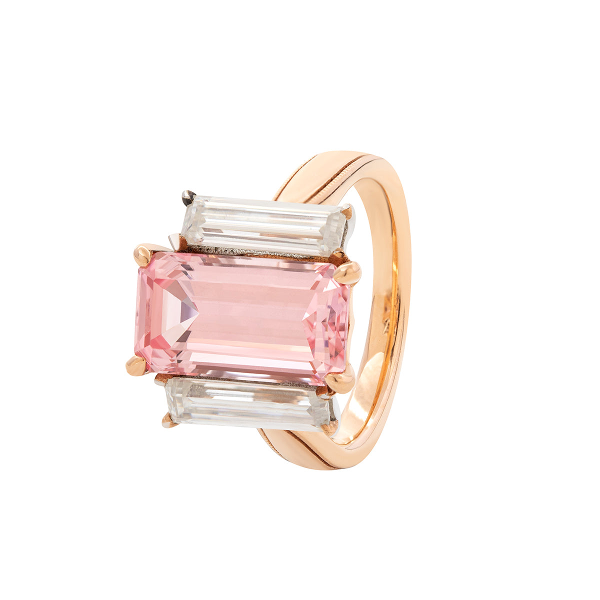 14K Rose and White Gold 13*6.5mm Emerald Cut Lab Pink Sapphire and Two Baguette Cut Lab Diamond Three Stone Cocktail Ring with Tapered Band