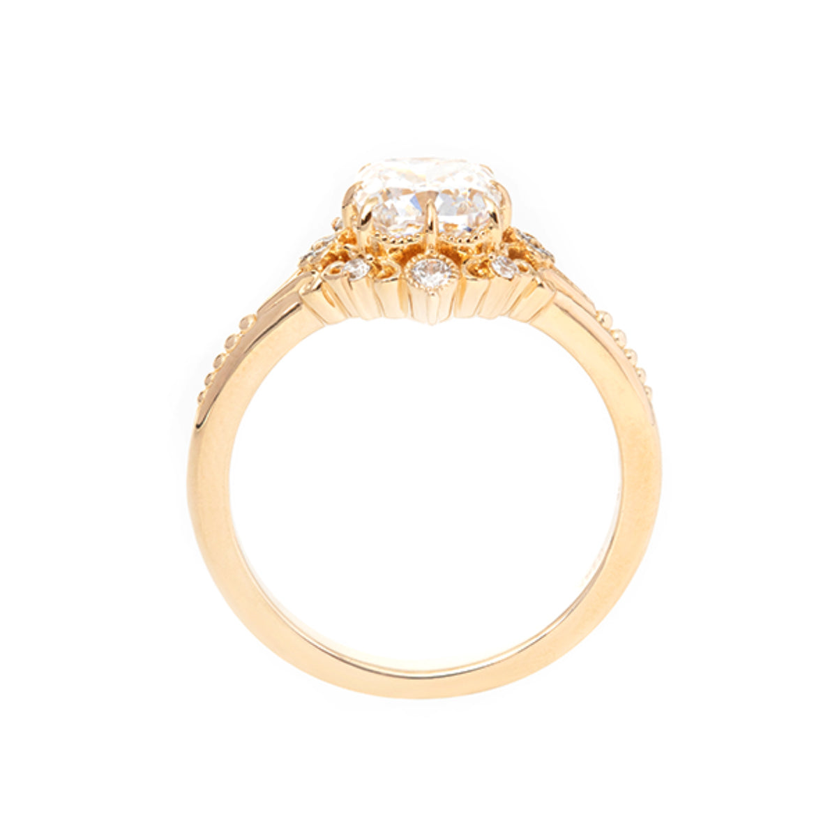 14K Yellow Gold 2.5ct Elongated Cushion Cut Lab Diamond Victoran-Style Ring with Floral Motifs