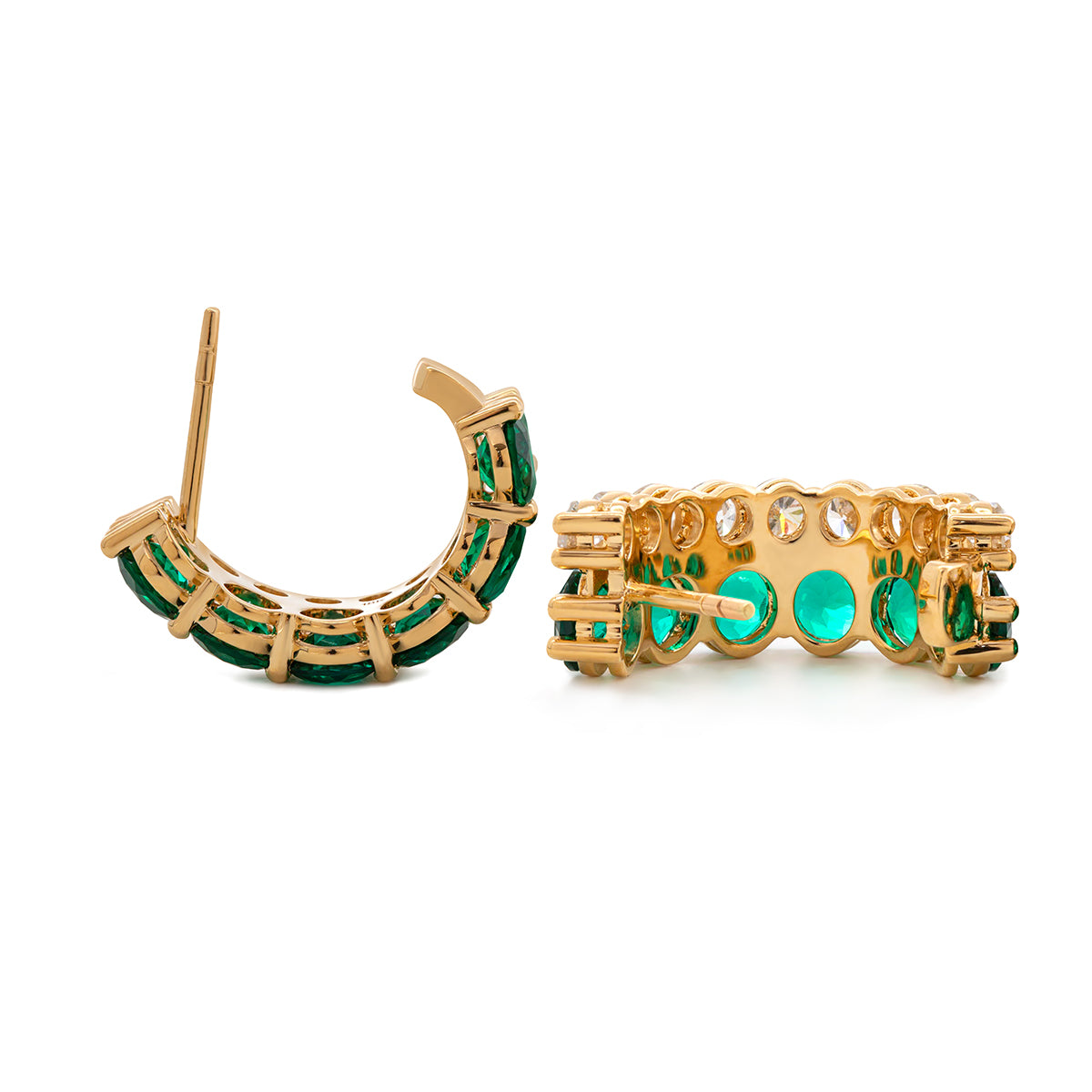 18K Yellow Gold Round Lab Diamond and Round Lab Zambian Emerald Stud Earrings