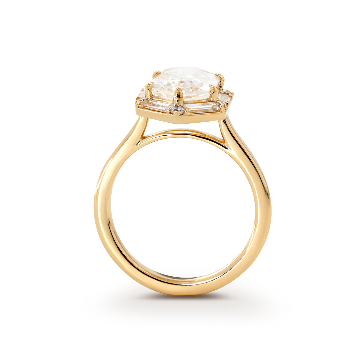 14K Yellow Gold 2.5ct Duchess Cut Elongated Hexagonal Lab Diamond Ring with Baguette Cut and Round Diamond Halo
