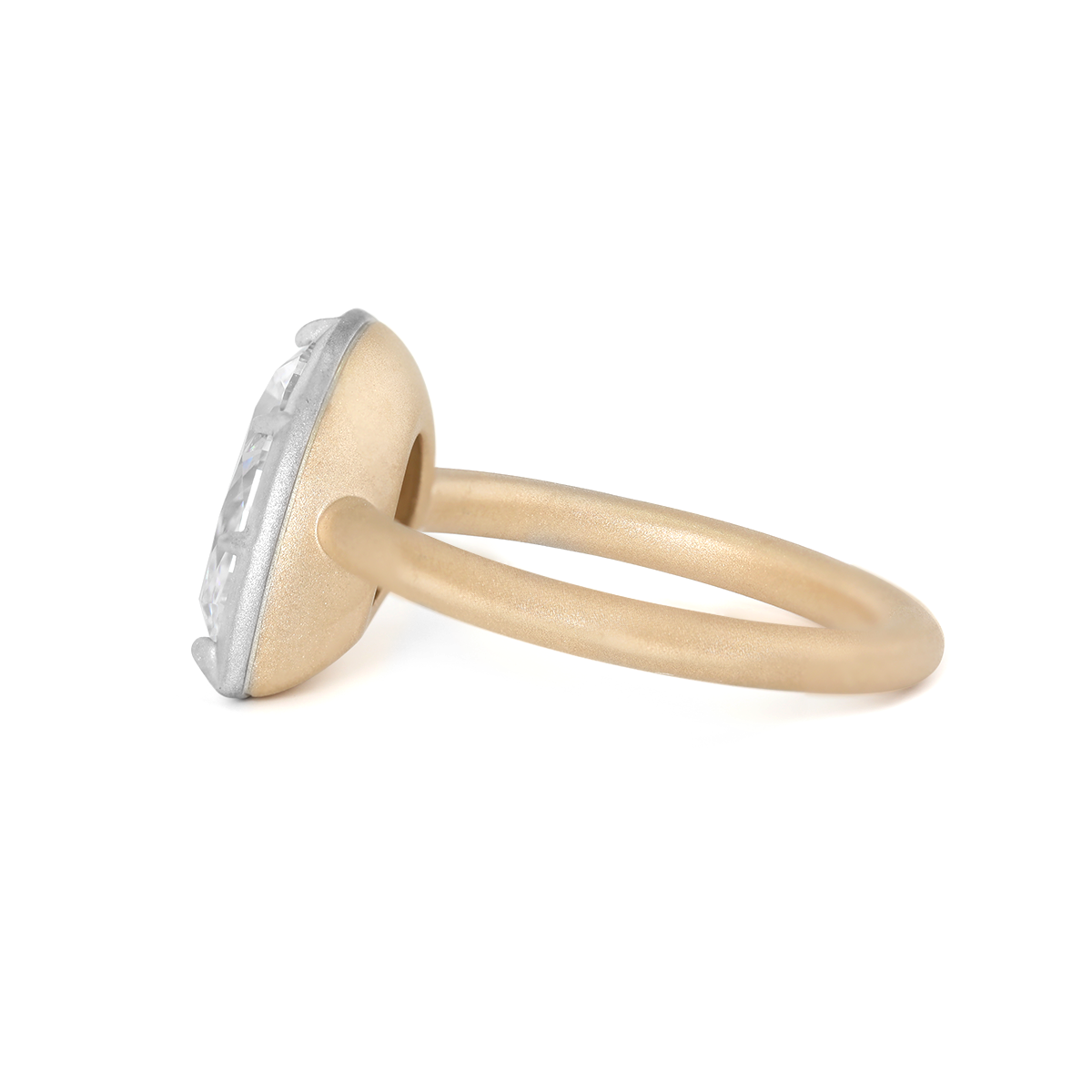 14K Yellow Gold 3ct Pear Shaped Lab Diamond Matte Ring with White Gold Bezel