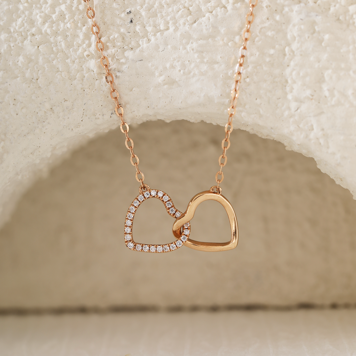14K Rose Gold Toi et Moi Heart Shape Pendant Necklace with Round Lab Dimaond Pave