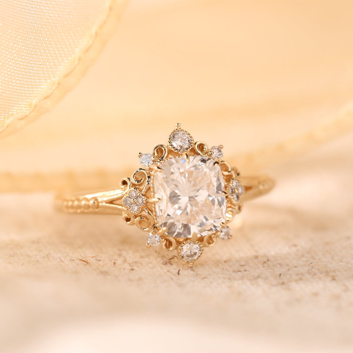 14K Yellow Gold 2.5ct Elongated Cushion Cut Lab Diamond Victoran-Style Ring with Floral Motifs