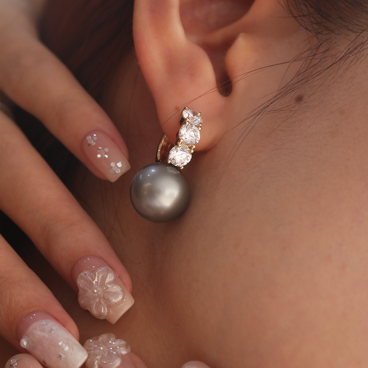 14K Yellow Gold 12mm Grey Fresh-water Pearl with Round Lab Diamond Side-stones Hoop Earrings
