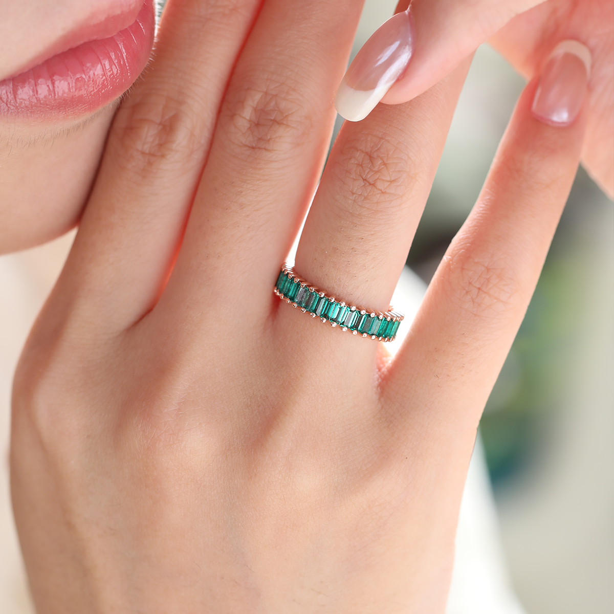 14K Rose Gold 3*1.5mm Baguette Cut Zambian Lab Emerald Eternity Ring