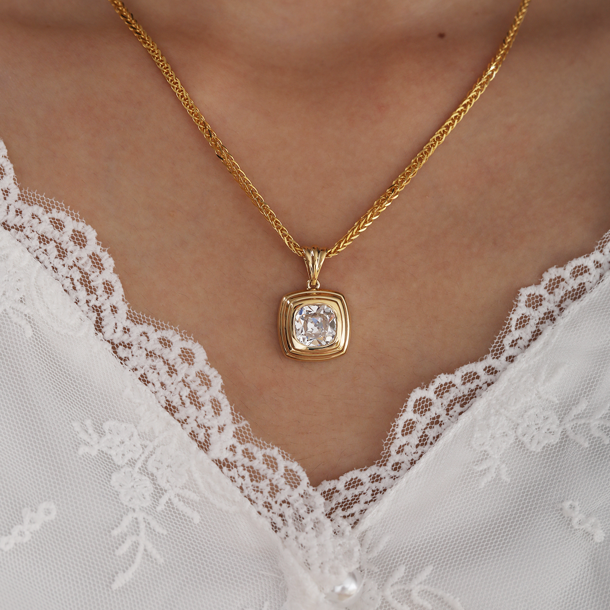 18K Yellow Gold 4ct Old Mine Cut Lab Diamond Flat-topped Stepped Pyramid Pendant Necklace