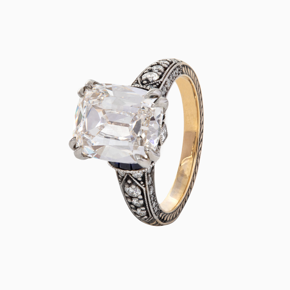 18K Gold 4.5ct Elongated Old Mine Cut Lab Diamond Antique-inspired Ring with Princess Cut Lab Sapphire & Round Cut Lab Diamond Side-stone