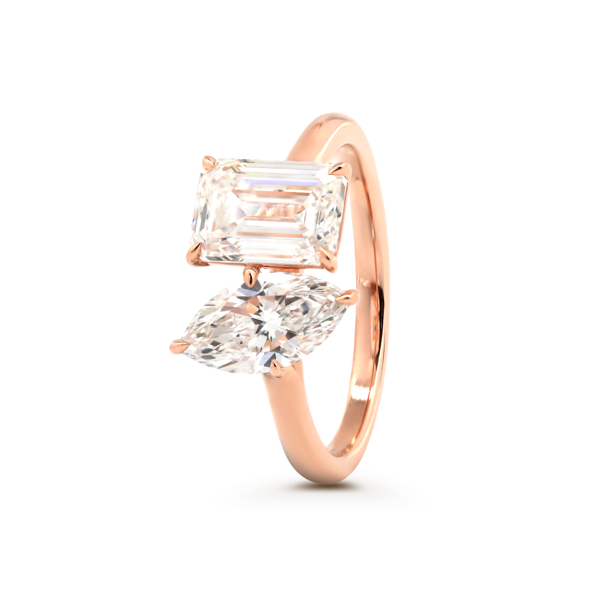14K Rose Gold Marquise Cut and Emerald Cut Lab Diamond Toi et Moi Ring