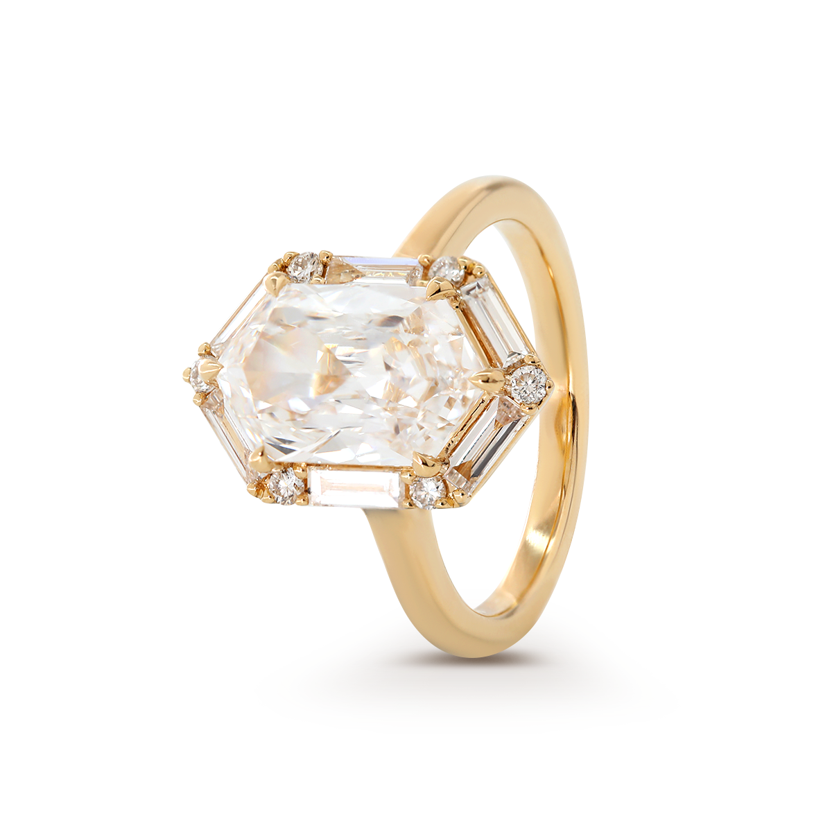 14K Yellow Gold 2.5ct Duchess Cut Elongated Hexagonal Lab Diamond Ring with Baguette Cut and Round Diamond Halo