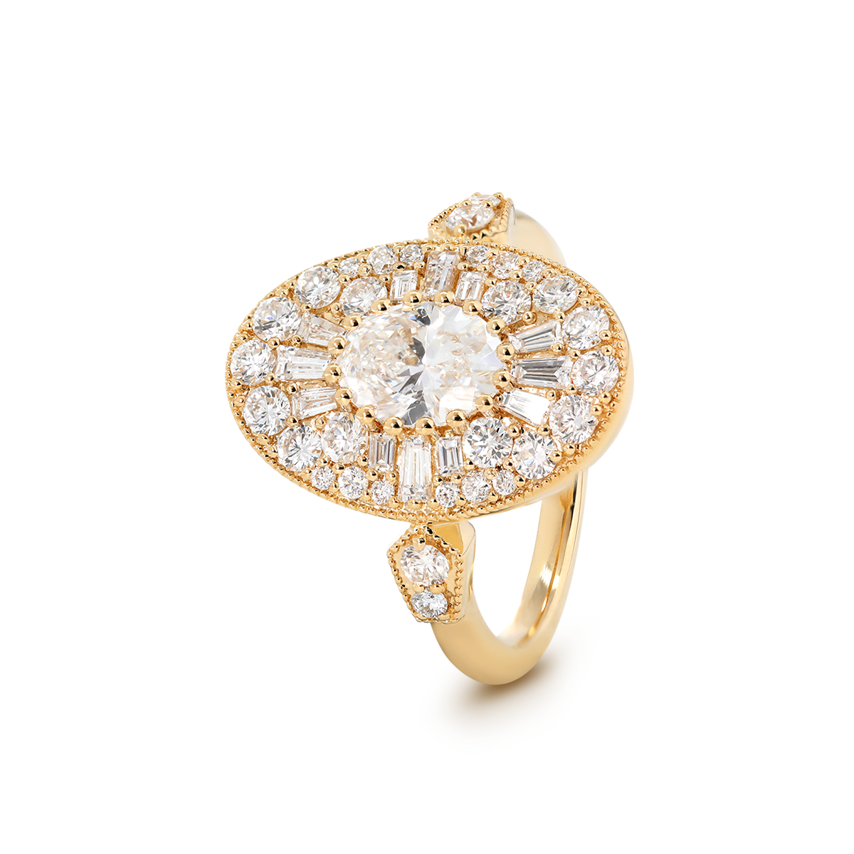 18K Yellow Gold Oval Lab Diamond Millegrain Vintage Style Ring with Round and Tapered Baguette Side-stones Halo