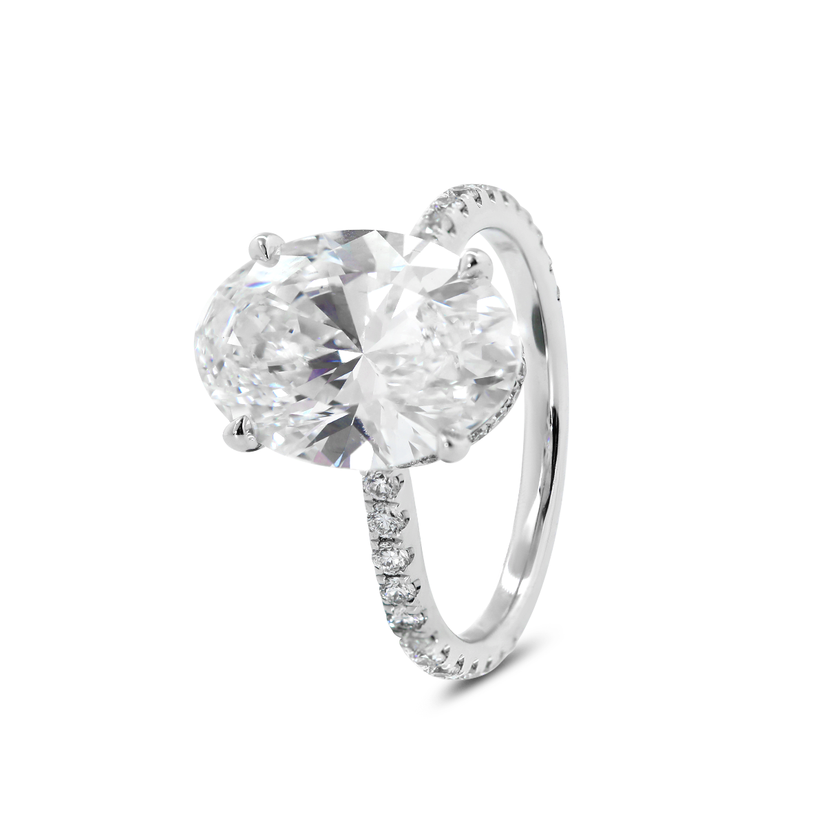 14K White Gold 4ct Oval Cut Lab Diamond Hidden Halo Bridal Set Rings with 3/4 Circle of Round Lab Diamond Pave