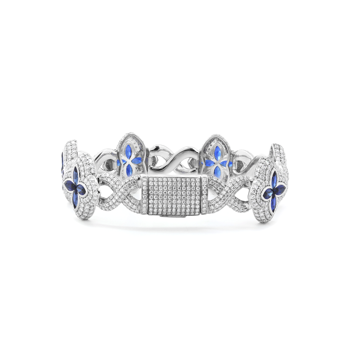 14K White Gold Round Lab Diamond Bracelet with Pear Lab Sapphire – Art Nouveau Nature-Inspired Eternal Fleur Blue Design