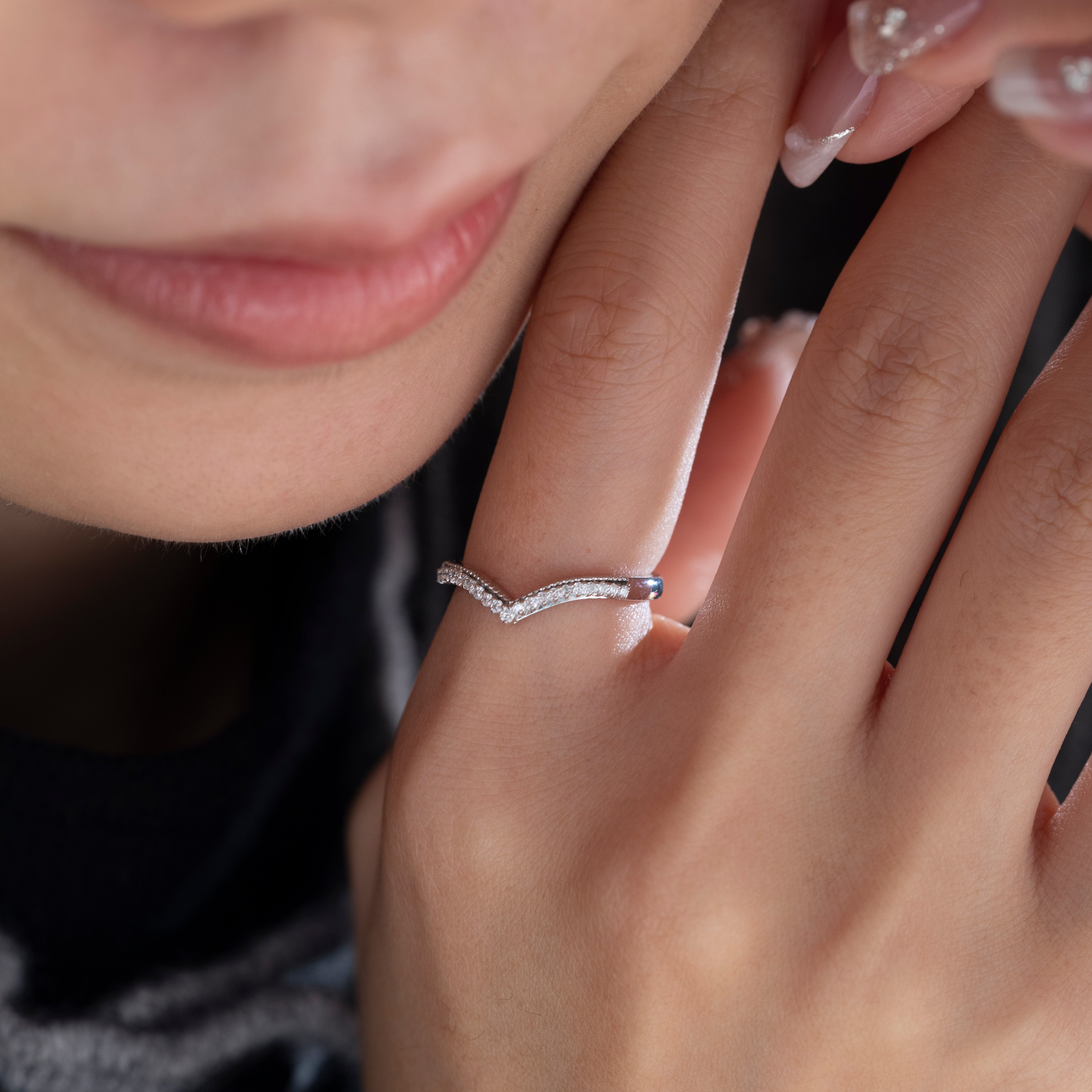 14K White Gold Round Lab Diamond V-shape Millegrain Wedding Ring
