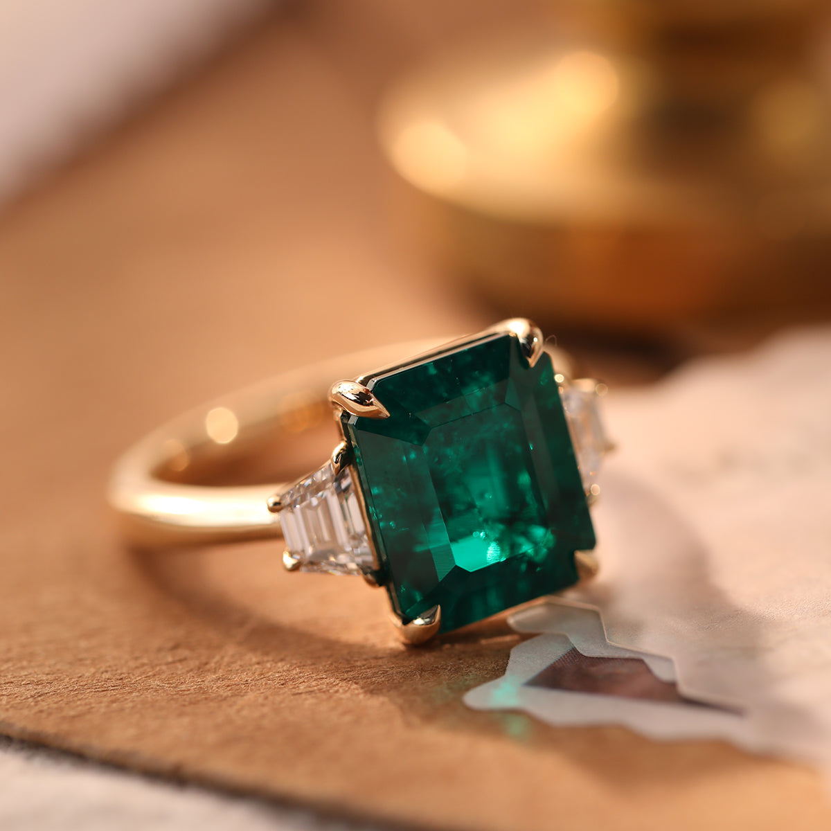 18K Yellow Gold 3ct Lab Emerald Three-stone Ring with Step Cut Trapezoid Lab Diamond Side-stones