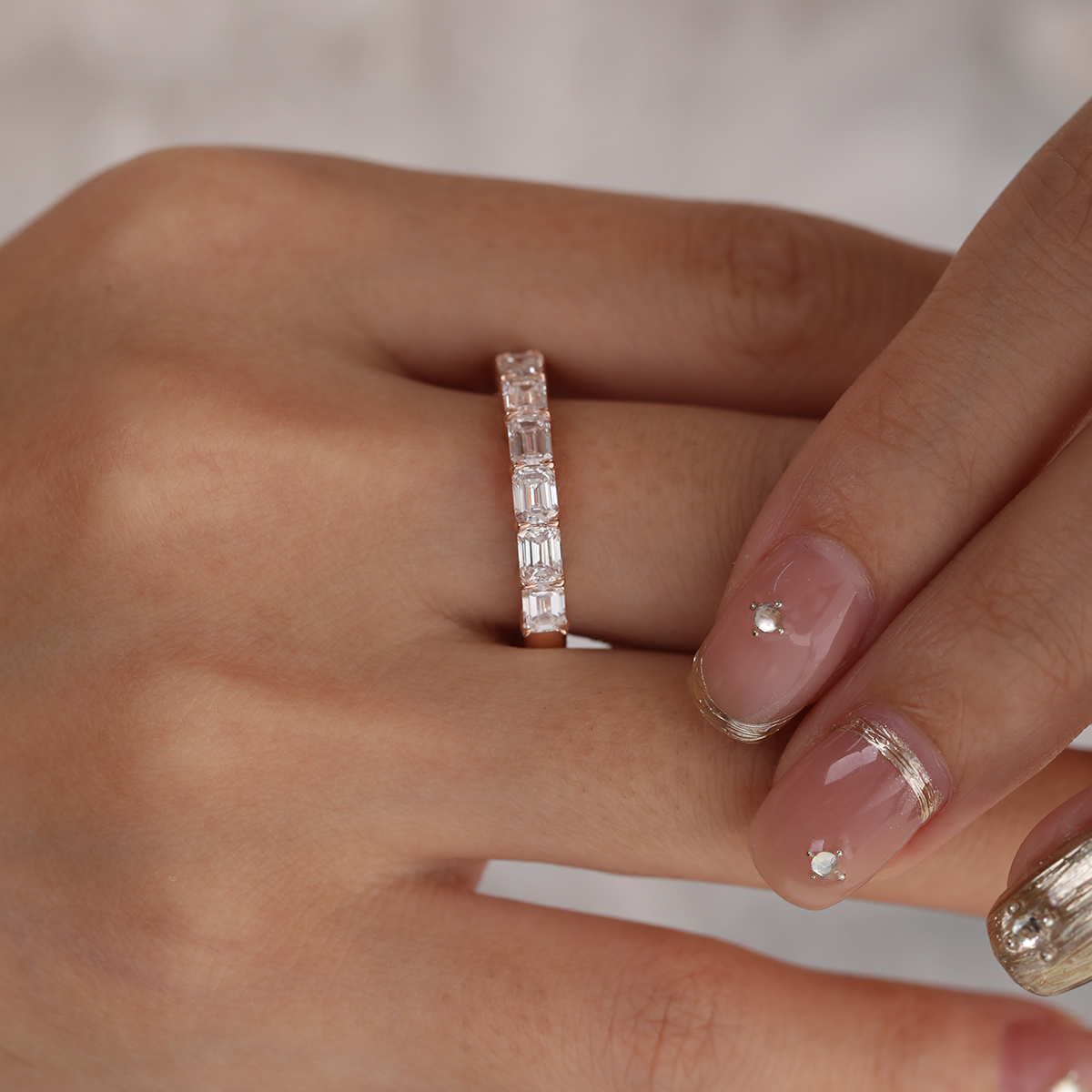 14K Rose Gold 4*3mm Emerald Cut Lab Diamond East-West Orientation Half Eternity Ring