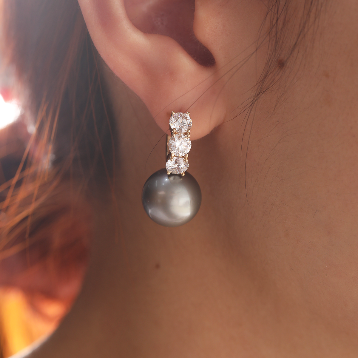 14K Yellow Gold 12mm Grey Fresh-water Pearl with Round Lab Diamond Side-stones Hoop Earrings