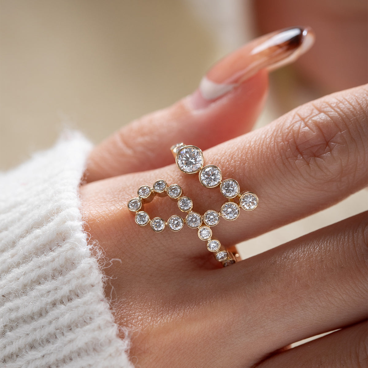 14K Yellow Gold Round Diamond Bezel Ring in J initial-inspired Design
