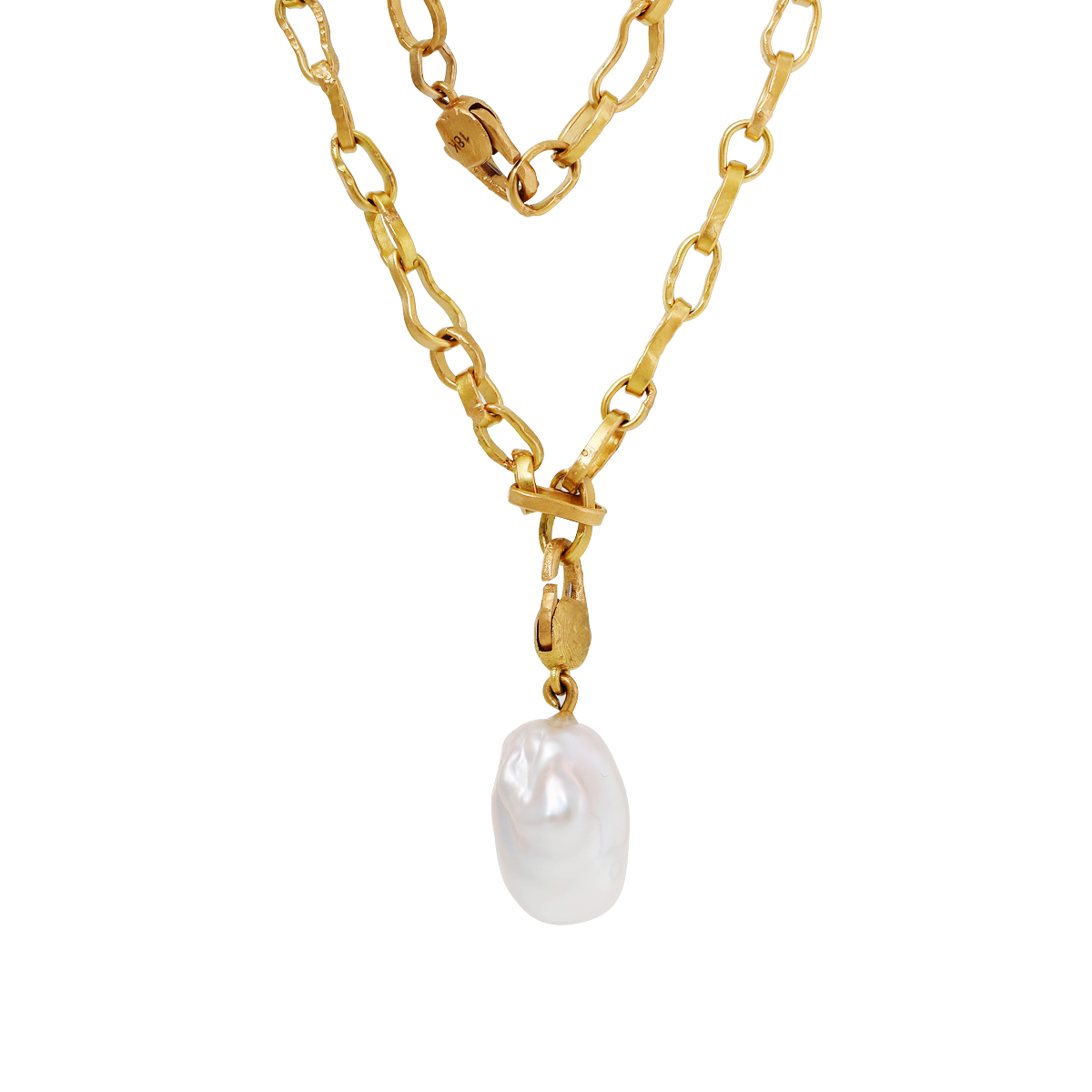 18K Yellow Gold Baroque Pearl Pendant Necklace with Handcrafted Irregular-Shaped Chain