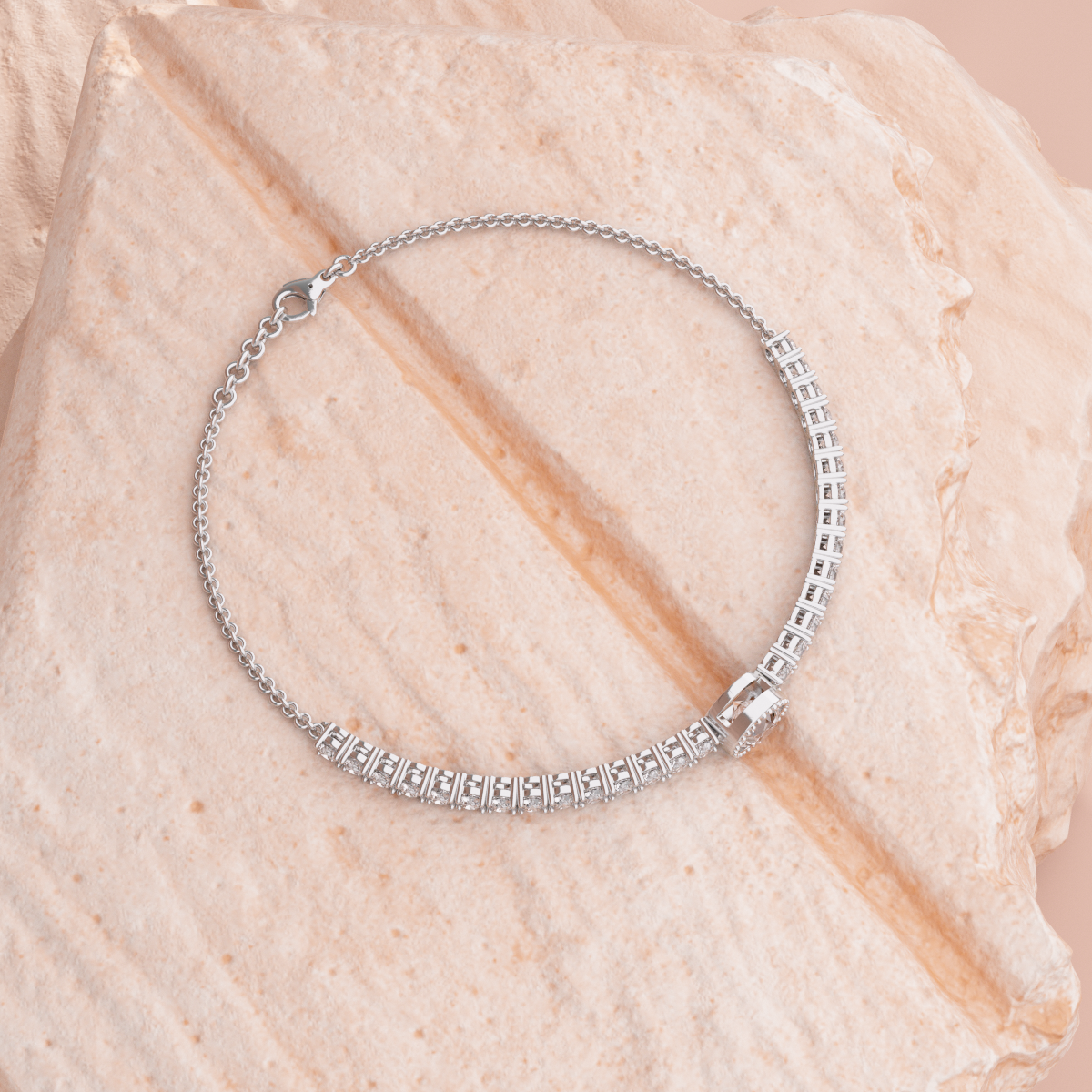 14K White Gold Round Lab Diamond Adjustable Chain Bracelet with A Millegrain Bezel 6mm Center Stone