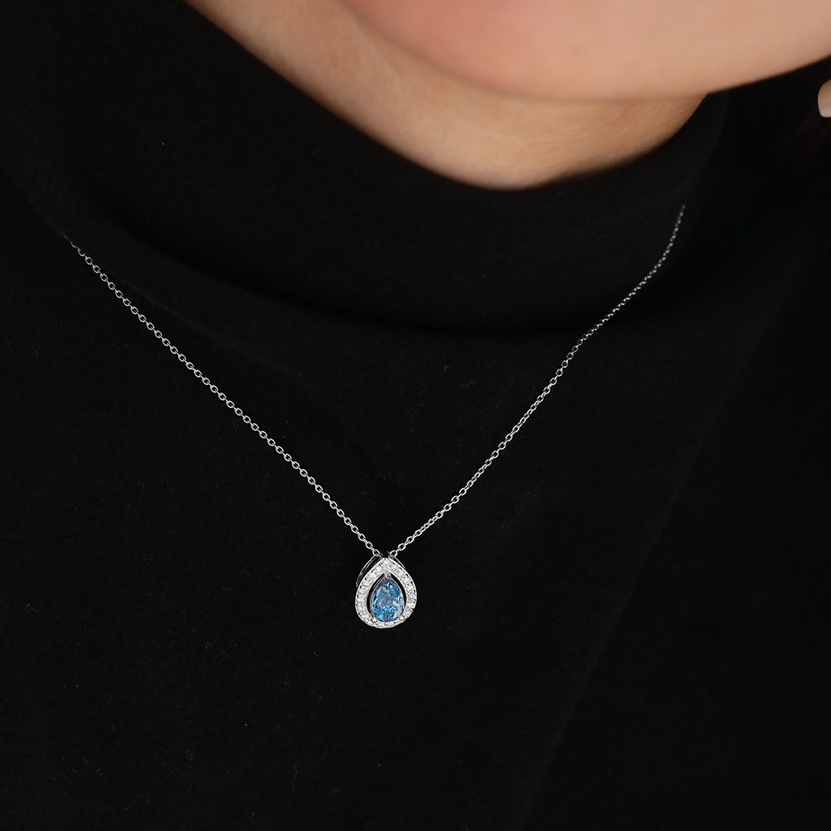 Platinum 1ct Pear Shaped Fancy Blue Lab Diamond Pendant Necklace with Round Lab Diamond Halo