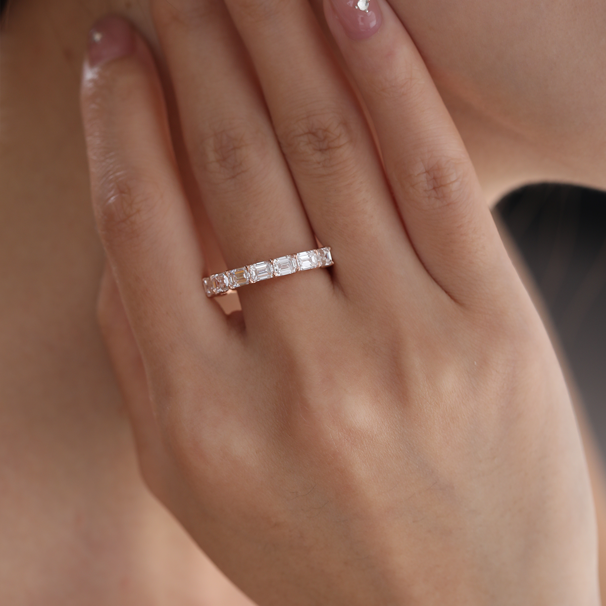 14K Rose Gold 4*3mm Emerald Cut Lab Diamond East-West Orientation Half Eternity Ring