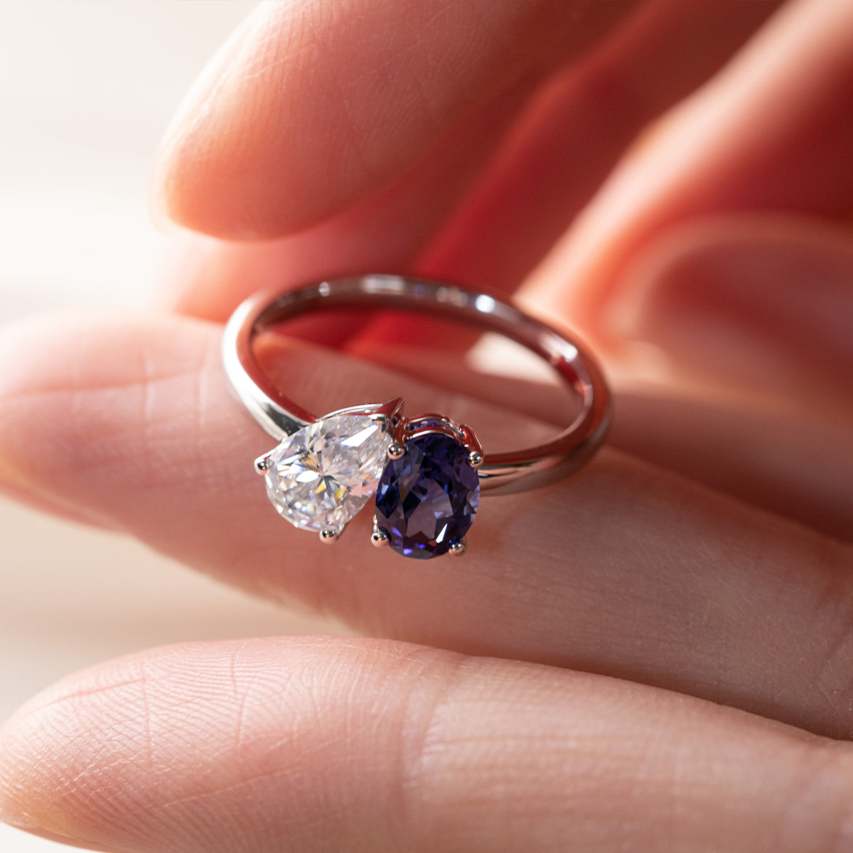 14K Yellow Gold Oval Cut Lab Sapphire and Pear Shaped Lab Diamond Toi et Moi Ring