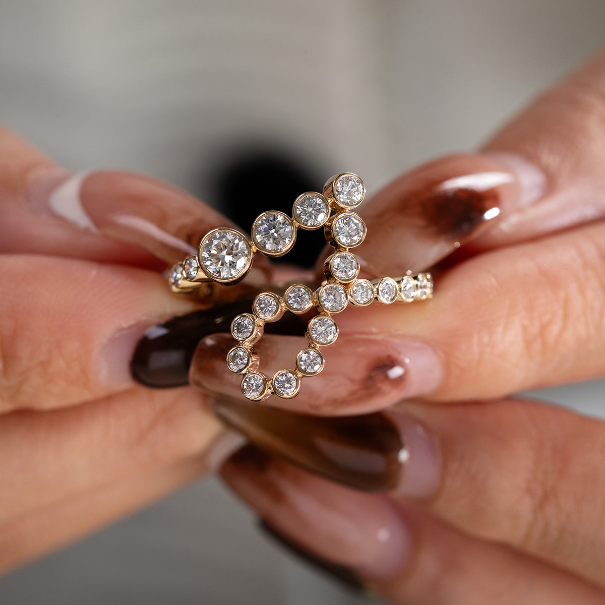 14K Yellow Gold Round Diamond Bezel Ring in J initial-inspired Design