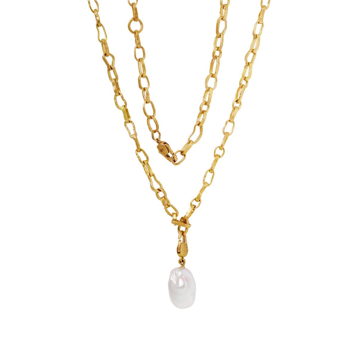 18K Yellow Gold Baroque Pearl Pendant Necklace with Handcrafted Irregular-Shaped Chain