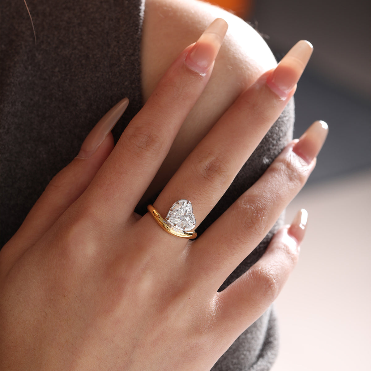 14K Yellow Gold 2.5ct Heart Shaped Lab Diamond Ring with White Gold Bezel and Wave Band