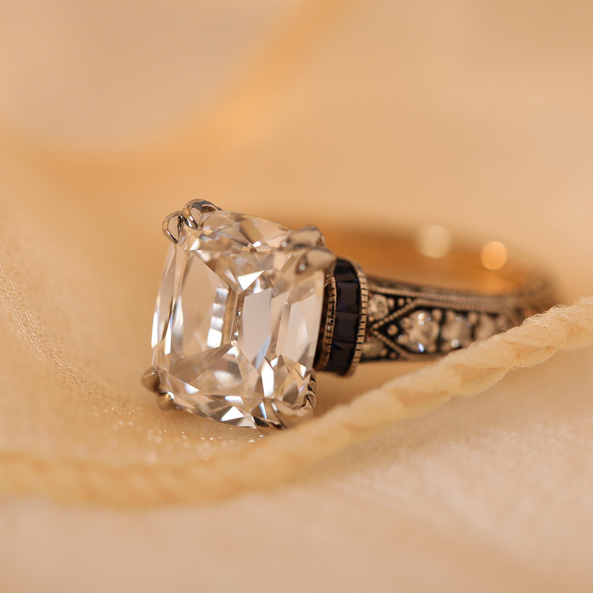 18K Gold 4.5ct Elongated Old Mine Cut Lab Diamond Antique-inspired Ring with Princess Cut Lab Sapphire & Round Cut Lab Diamond Side-stone