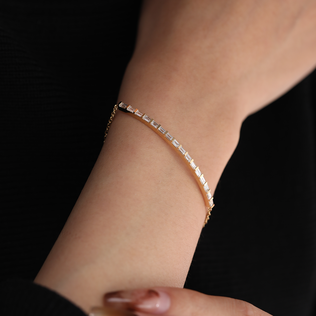 14K Yellow Gold Baguette Cut Lab Diamond Bangle Bracelet