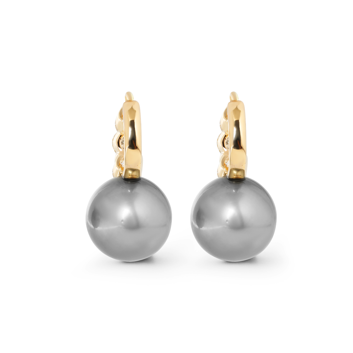 14K Yellow Gold 12mm Grey Fresh-water Pearl with Round Lab Diamond Side-stones Hoop Earrings