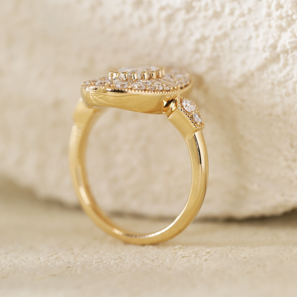 18K Yellow Gold Oval Lab Diamond Millegrain Vintage Style Ring with Round and Tapered Baguette Side-stones Halo