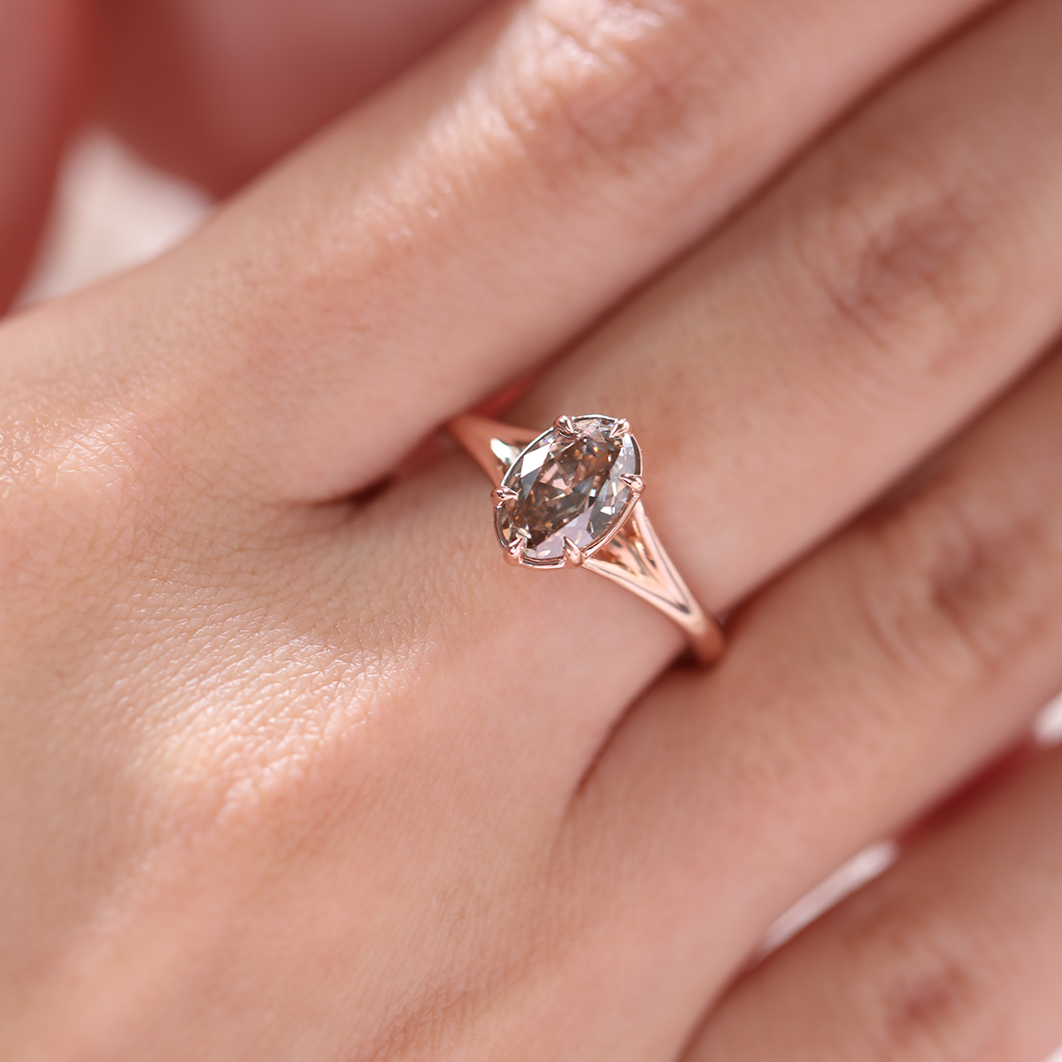 14K Rose Gold 1ct Oval Old Mine Cut Brown Lab Diamond 6 Claw Prong Cathedral Setting Solitaire Ring