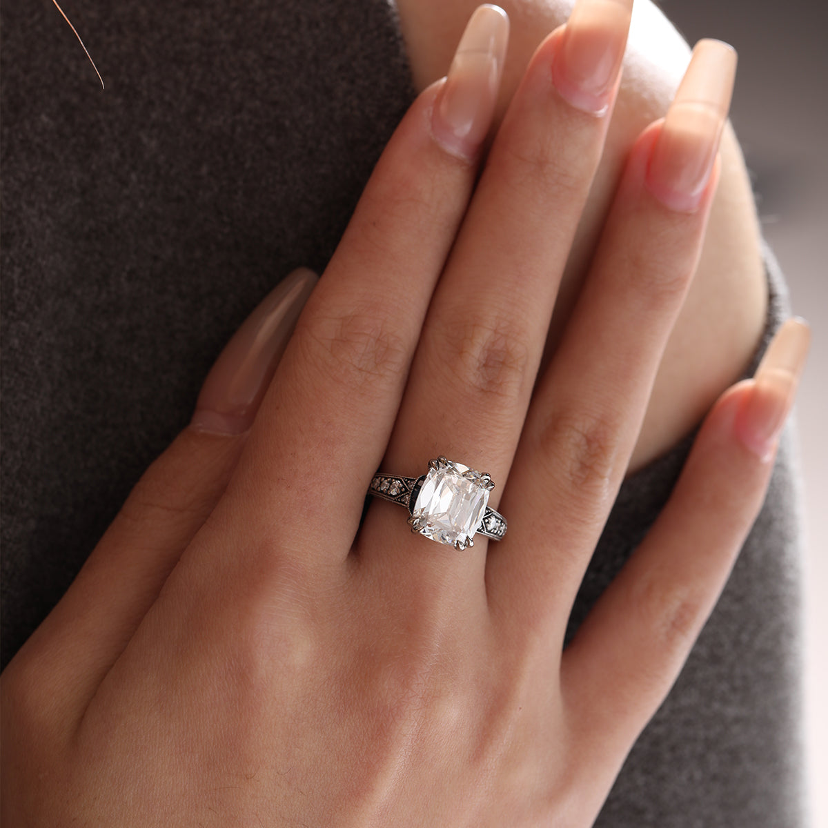 18K Gold 4.5ct Elongated Old Mine Cut Lab Diamond Antique-inspired Ring with Princess Cut Lab Sapphire & Round Cut Lab Diamond Side-stone