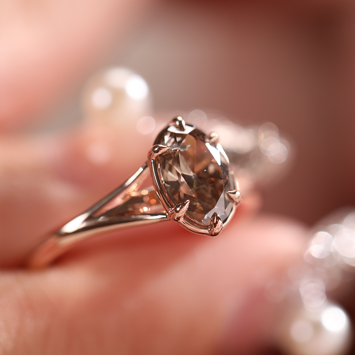 14K Rose Gold 1ct Oval Old Mine Cut Brown Lab Diamond 6 Claw Prong Cathedral Setting Solitaire Ring