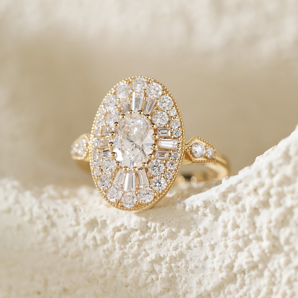 18K Yellow Gold Oval Lab Diamond Millegrain Vintage Style Ring with Round and Tapered Baguette Side-stones Halo