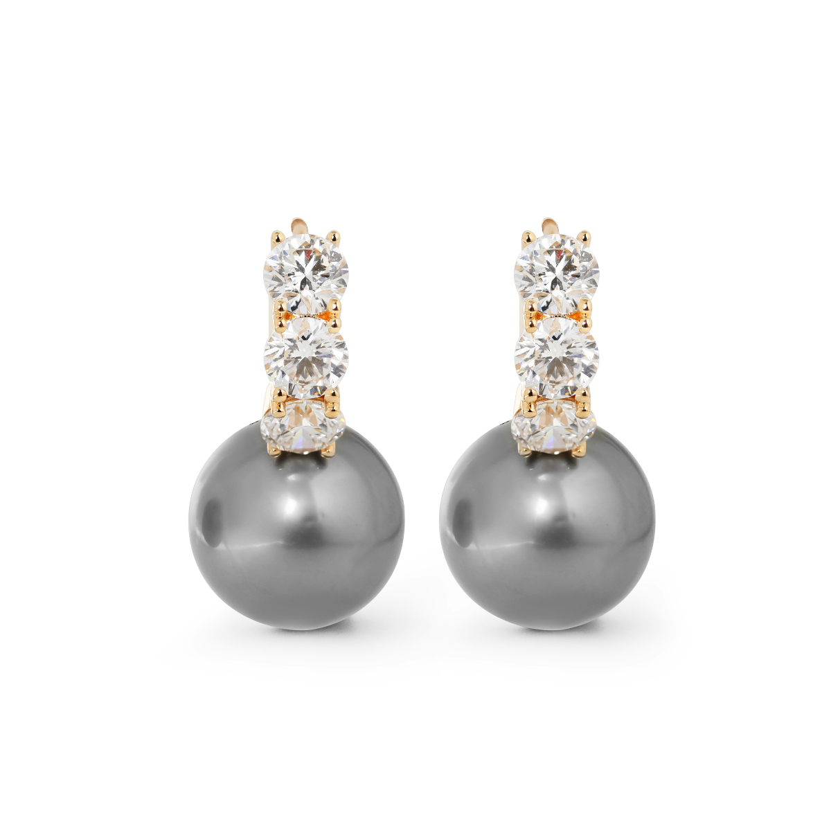 14K Yellow Gold 12mm Grey Fresh-water Pearl with Round Lab Diamond Side-stones Hoop Earrings
