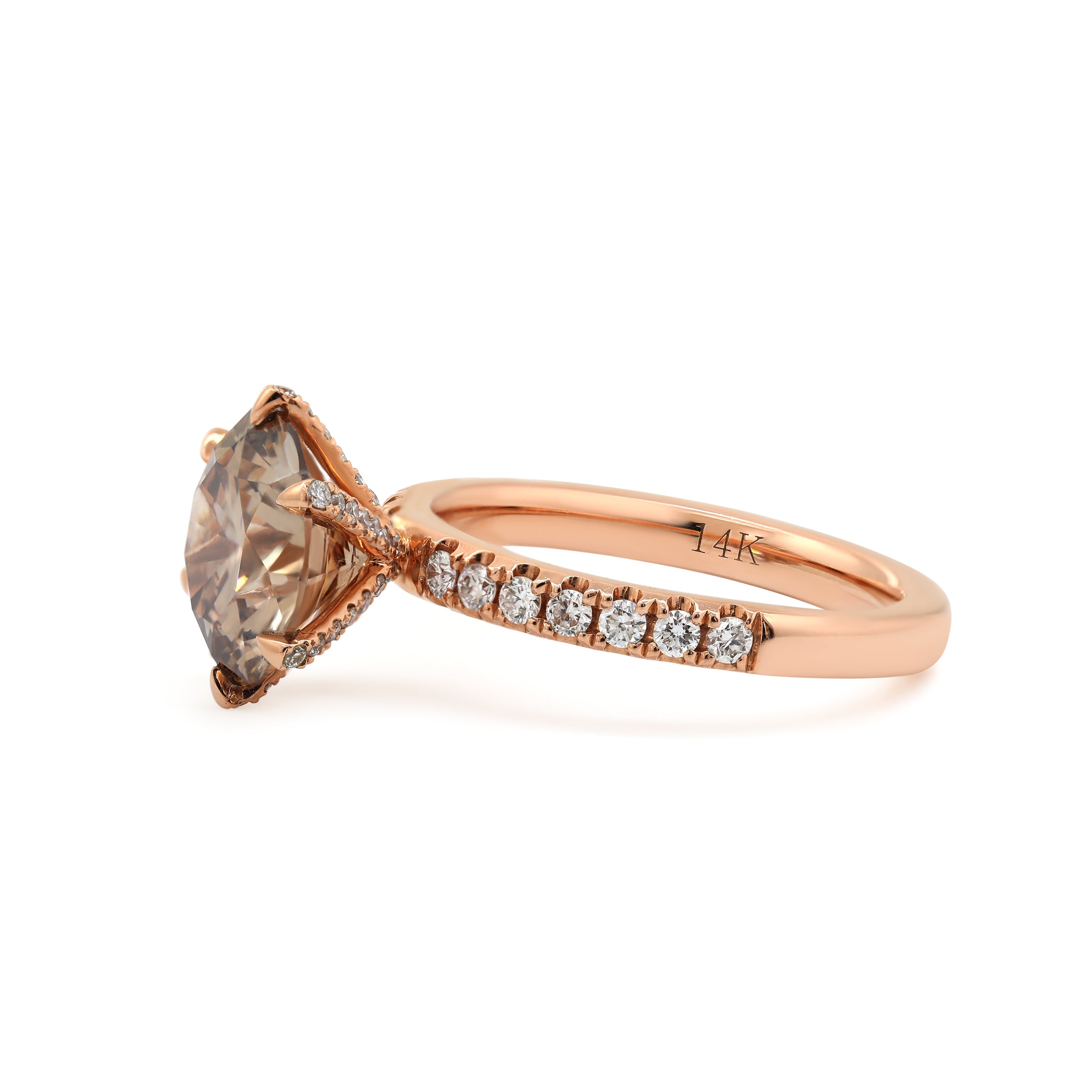 14K Rose Gold 2.4ct Round Briliant Cut Brown Lab Diamond Pave Ring