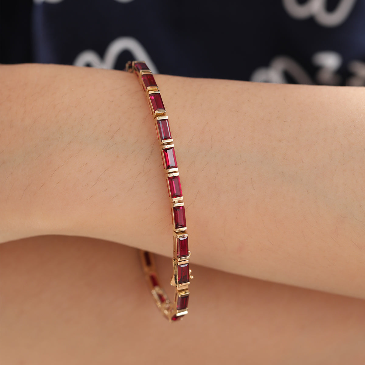 14K Yellow Gold Baguette Cut Lab Ruby Half Bezel Tennis Bracelet