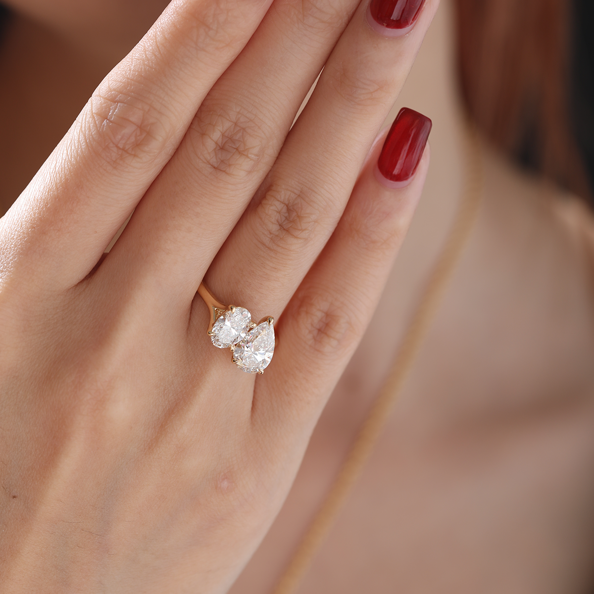 18K Yellow Gold Oval and Pear Lab Diamond Toi et Moi Ring