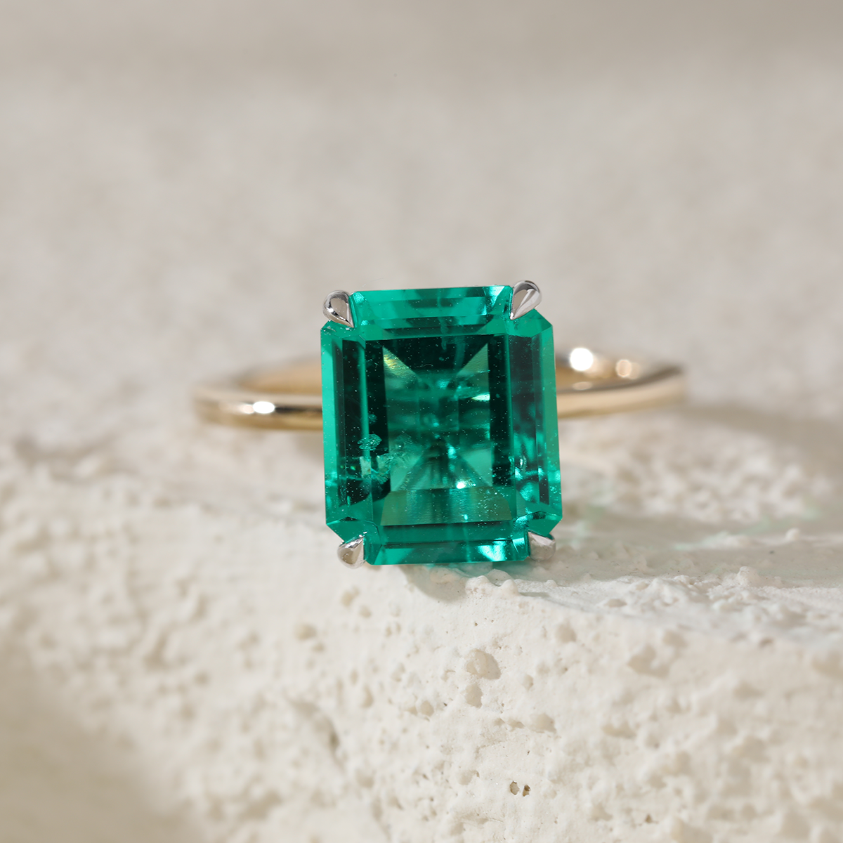 14K Yellow & White Gold 3ct Zambian Lab Emerald 4 Claw Prongs Hidden Halo Engagement Ring