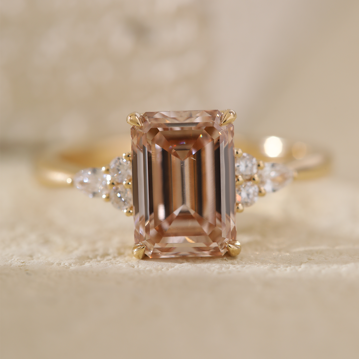 18K Yellow Gold 3.5ct Emerald Cut Brown Lab Diamond Foral Side-stone Ring with Tapered Band