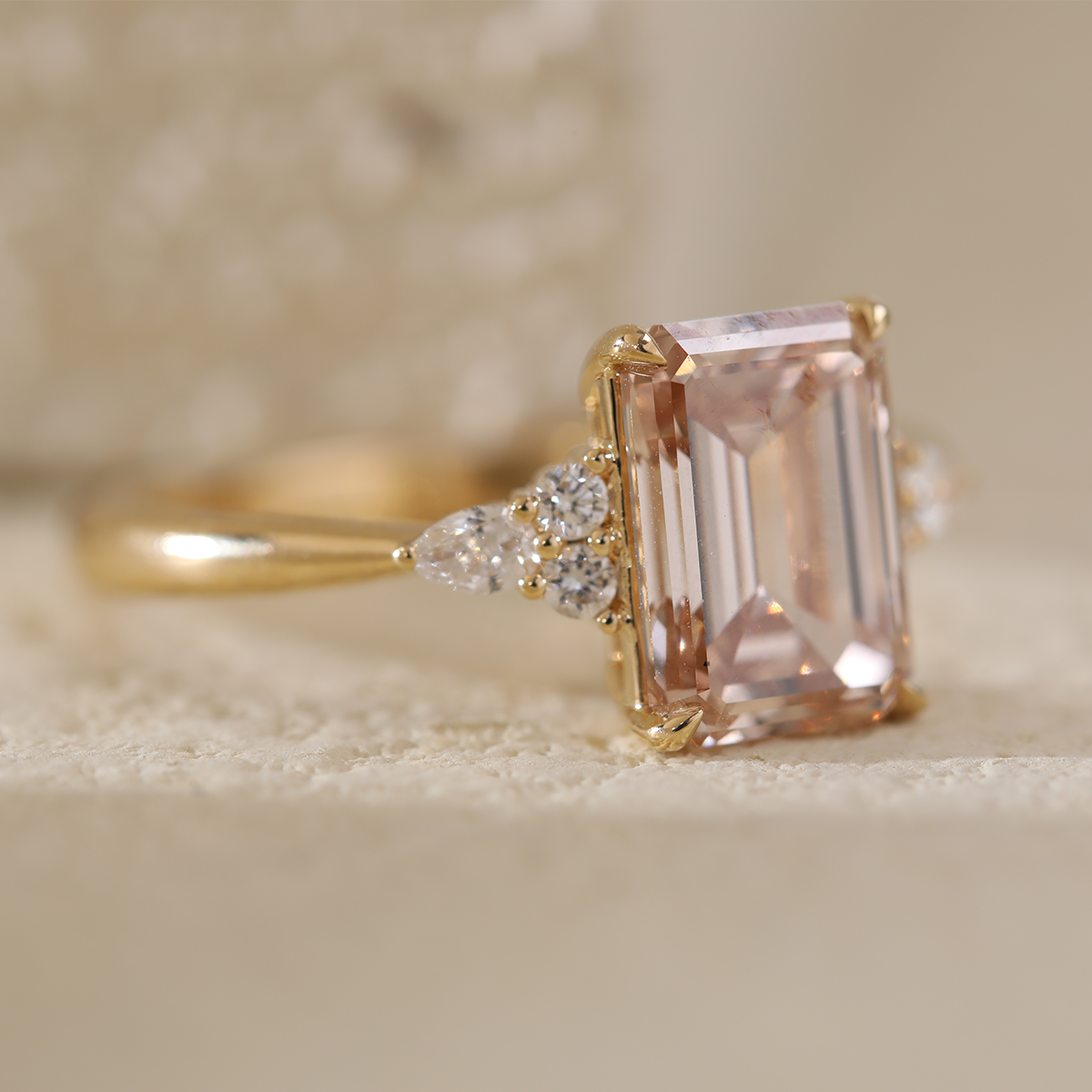 18K Yellow Gold 3.5ct Emerald Cut Brown Lab Diamond Foral Side-stone Ring with Tapered Band