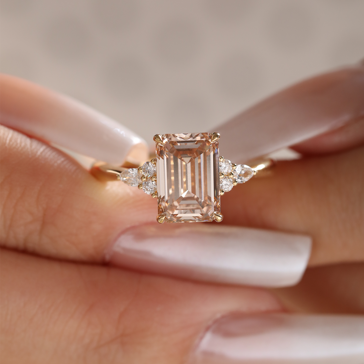 18K Yellow Gold 3.5ct Emerald Cut Brown Lab Diamond Foral Side-stone Ring with Tapered Band