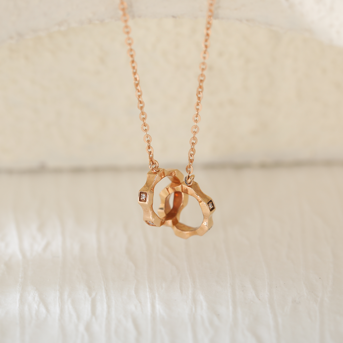 14K Rose Gold Toi et Moi Wheel Gear Pendant Necklace with Round Lab Dimaond
