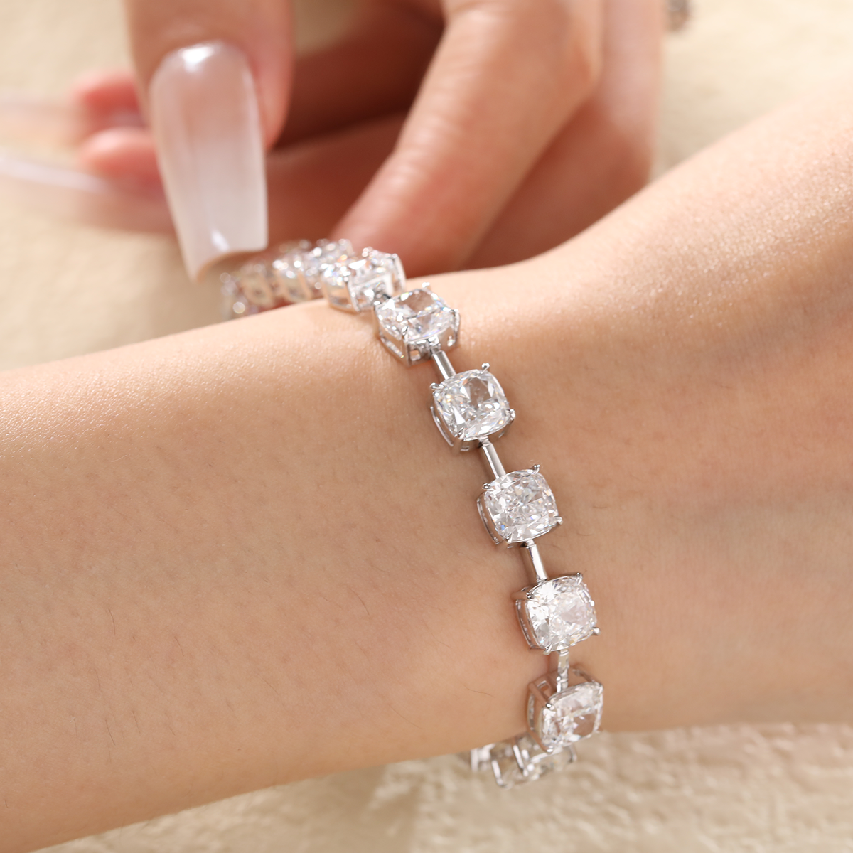 Platinum 24 ct tw Cushion Lab Diamond 4 Claw Prong Bakset Station Bracelet