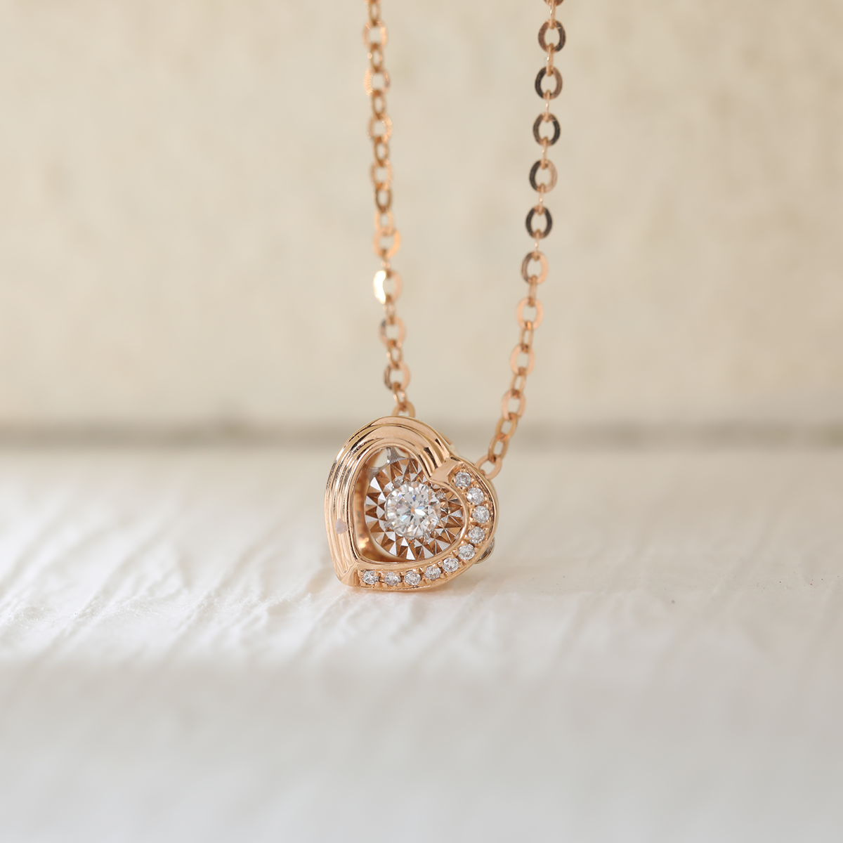 14K Rose Gold Heart Shape Pendant Necklace with Round Lab Diamond Pave