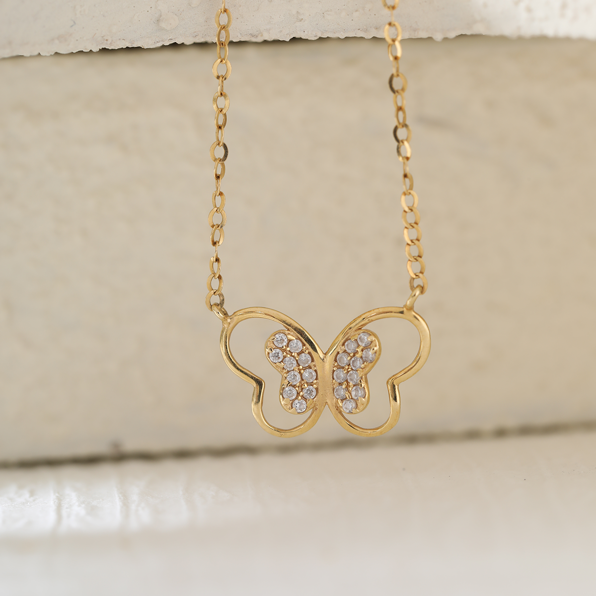 14K Yellow Gold Round Lab Diamond Pave Butterfly Pendant Necklace