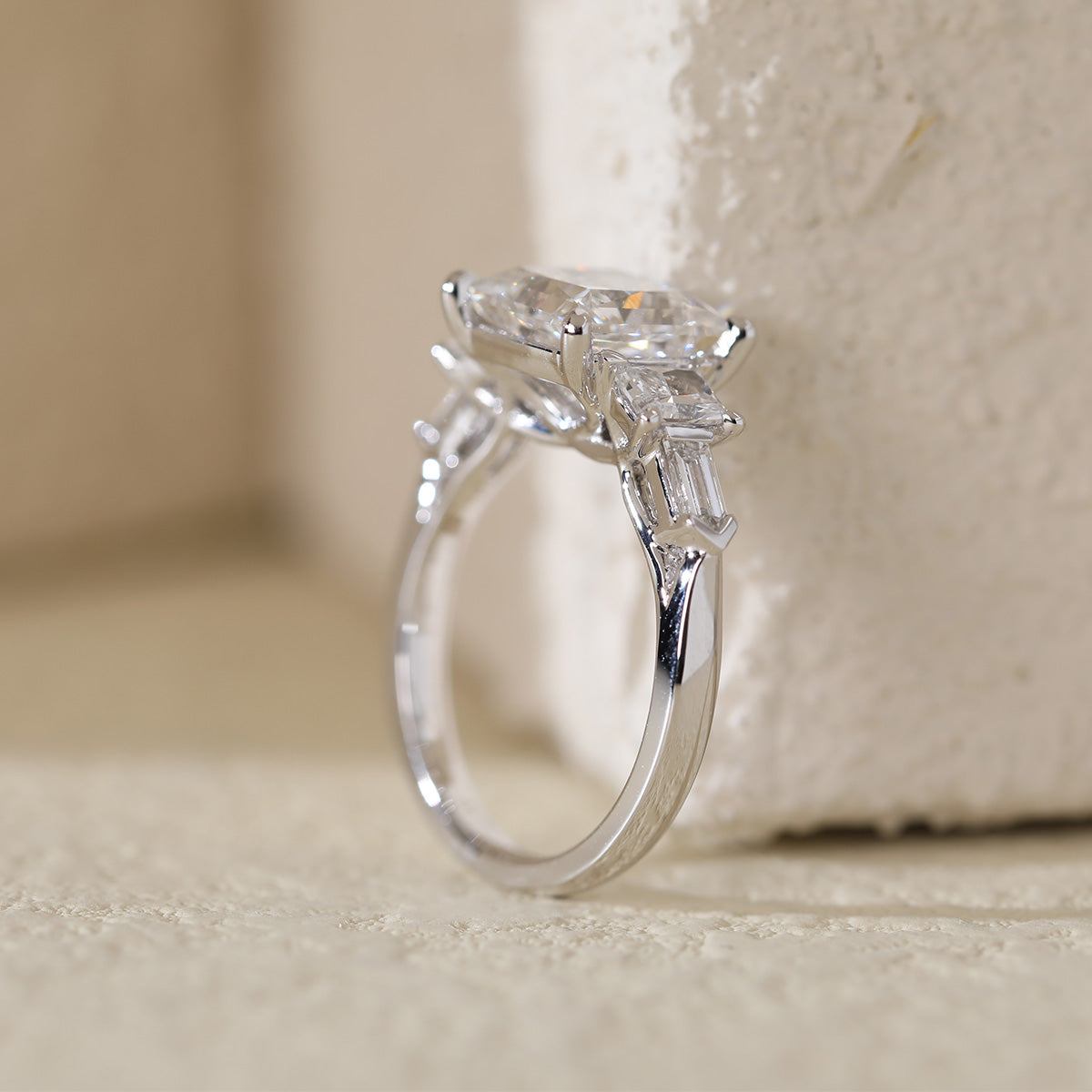 Platinum 2.5ct Princess Cut Lab Diamond 5 Stone Engagement Ring with Radiant Cut and Bullet Cut Side-stones